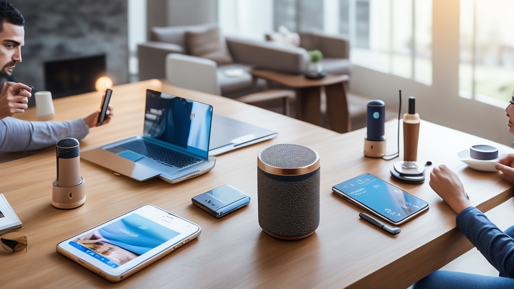 Személy különböző bluetooth hangszórókat hasonlít össze asztalon döntéshozatal jelenet specifikációs lapokkal