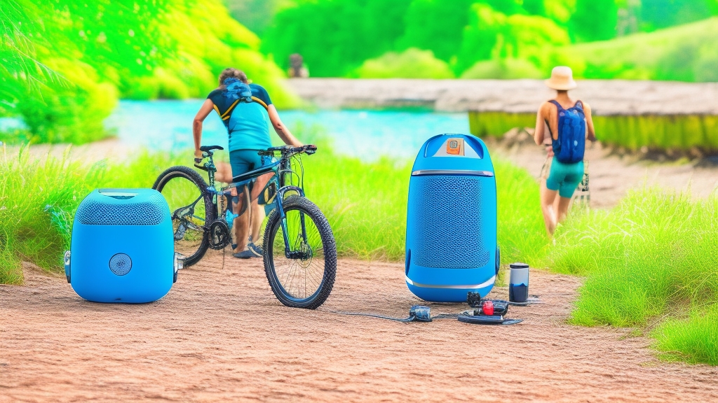 Kompakt bluetooth hangszórók különböző szabadtéri környezetekben strand túra bicikli aktív életstílus fotók