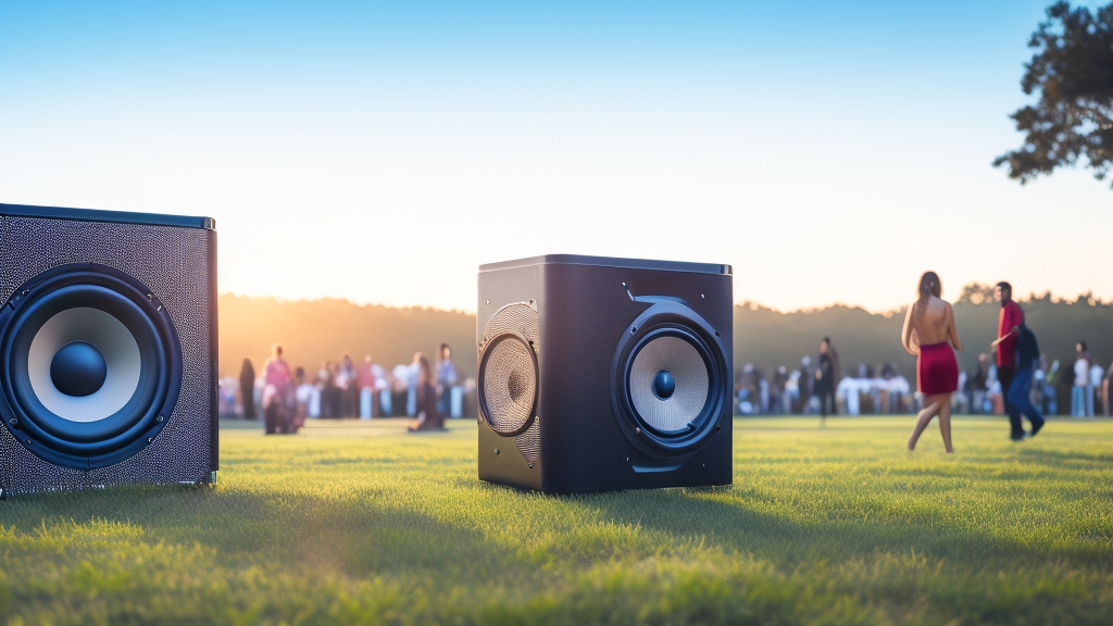 Nagy teljesítményű bluetooth hangszórók kerti party környezetben táncoló emberekkel esti világításban